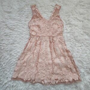Yoana Baraschi Silk Floral Lace‎ Pink Applique Mini Dress Anthropology Womens 8